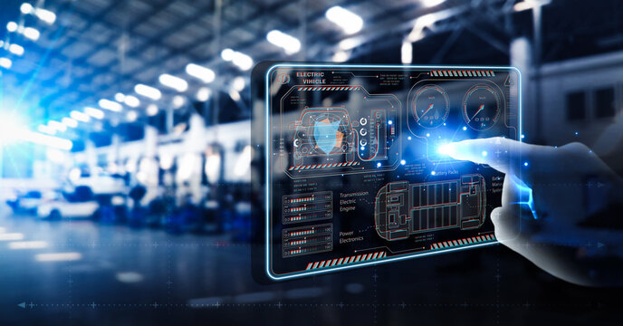 EV electric vehicle technology industry concept, futuristic virtual graphic touch user interface on screen with auto repair garage blurred on background.