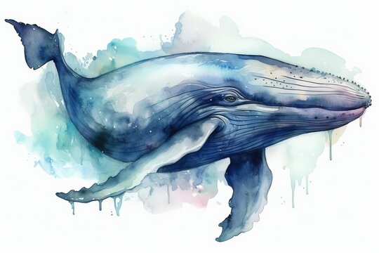 Beautiful blue whale in watercolor painting. Generative Ai