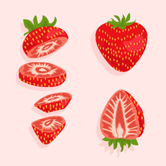 Strawberries whole, half, and cut into many pieces. Summer fruits. Sweet fruits vector icons.