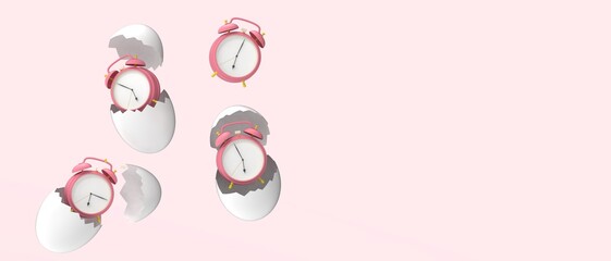 Business development of young leaders and successes vary with broken eggs and clocks with creative ideas of teamwork concept on red background. copy space, banner, website -3d Rendering