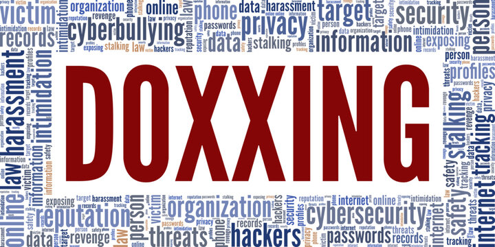 Doxxing word cloud conceptual design isolated on white background.
