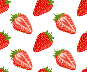 Whole and half strawberries. Seamless pattern in vector. Bright summer pattern. Suitable for prints and backgrounds.
