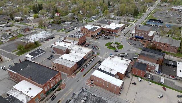 Angola, Indiana downtown with drone video moving in a wide shot circle.