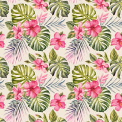Vintage seamless pattern, wallpaper tropical green palm leaves, pink paradise flowers, watercolor botanical background © Hanna
