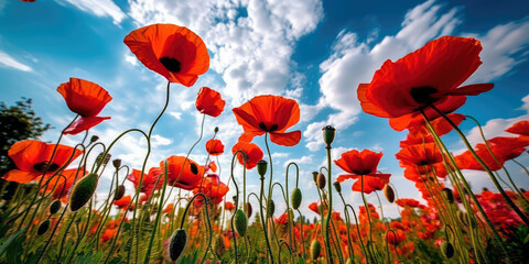 Amazing poppy field landscape against blue sky. Generative AI