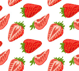 Strawberries whole and cut into pieces with leaves. Seamless pattern in vector. Bright summer pattern. Suitable for prints and backgrounds.
