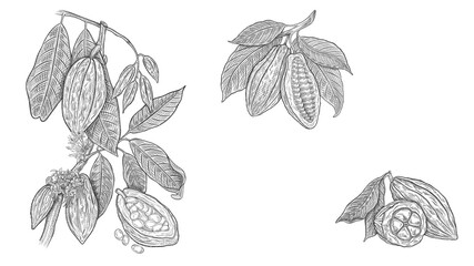 Sketch of cocoa plants. Hand drawn illustration. Cocoa, art sketch of bean.Texture background for creativity and advertising. - 601026993