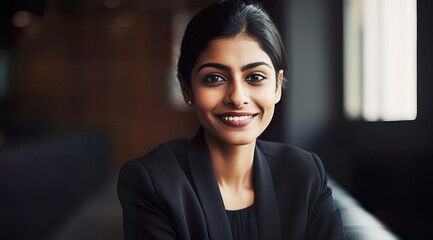 Fototapeta premium A fictional person. Cheerful Indian Businesswoman in an Office