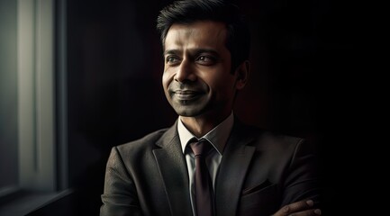 Fototapeta premium A fictional person. Cheerful Indian businessman in office