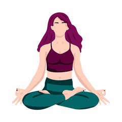 Woman with purple hair in lotus position, no face style, yoga, meditation and whole body wellness