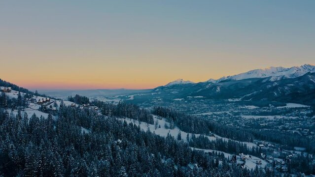 Aerial Drone Stunning Winter landscape during sunset