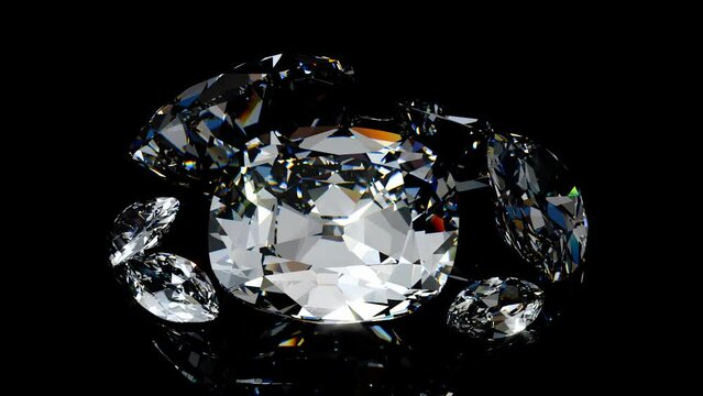 Nine the biggest Cullinan diamonds rotating on black glossy background. Seamless 3d animation