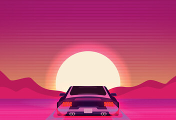 Retro future, 80s style Sci-Fi Background. Futuristic car.
