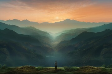 A person standing on the top of a hill and looking down into the valley at sunset. Generative AI