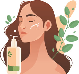 Beautiful young woman applying natural eco cosmetic product on face. Woman and green plant. Skin care banner. Skincare routine, mask and cosmetics. Vector illustration. Cleansing and moisturizing.