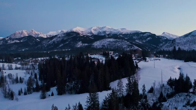 Stunning Drone Aerial Shot at blue hour of Tatra Mountain Ranges, Poland