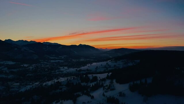 Beautiful Sunset Colours Winter Drone Aerial Shot - Polish Mountains Zakopane