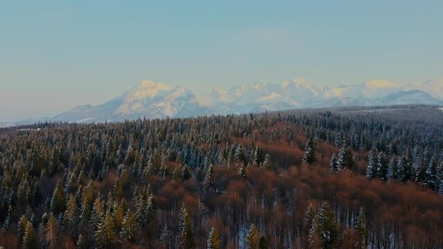 Tatry Mountain Drone Aerial View with Apline Forest and snow 