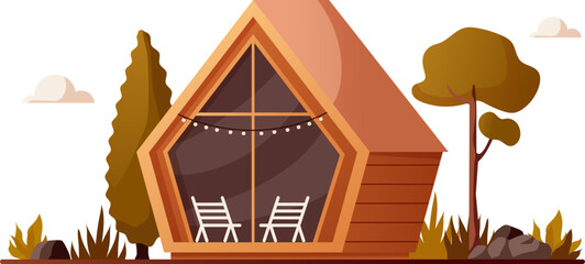 Landscape with a house in nature. Rock view vector illustration with stones, villa and bushes. Drawing for banner, background or card. Glamping cabin, camping in foest. glass and wood chalet