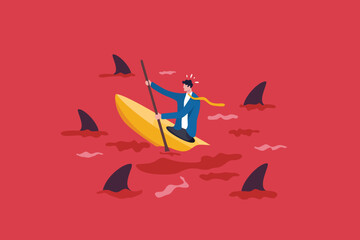 Red ocean market, high competition industry with too many competitors, intense market with challenge or difficult to success concept, businessman in kayak trying to survive in red ocean with sharks. - obrazy, fototapety, plakaty