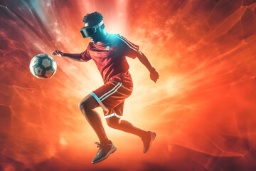 Sporty young man kicking a virtual ball while wearing vr glass ai generated art Generative AI