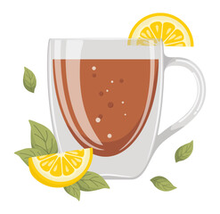 Glass cup of tea with lemon, isolated vector illustration	