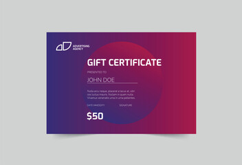 Advertising Agency gift certificate template. A clean, modern, and high-quality design gift certificate vector design. Editable and customize template gift certificate