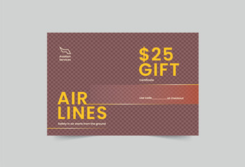 Aviation Airlines gift certificate template. A clean, modern, and high-quality design gift certificate vector design. Editable and customize template gift certificate