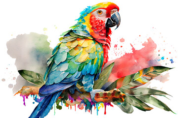 Ara macaws are large striking parrots with vividly coloured plumage. Watercolor illustration on a white background. Generative AI.