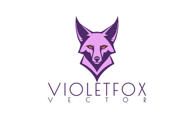 Vector simple graphic logo of a violet fox with orange eyes on a white isolated background.