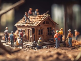 A lot of tiny workers building a house. Generative AI