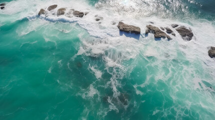 Aerial view to ocean waves. Blue water background. Generative AI