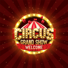 Retro Circus banner with red ribbon and balloons. Vector illustration.