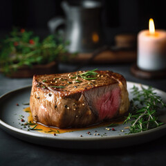 Juicy Beef Rib Eye Steak On Marble Textured Dark Background: with Herbs, Spices, and Salt. Generative ai.