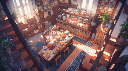 Anime background of interior of cozy cafe, generative AI