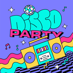 90s style Disco party banner template. Retro music poster with vintage tape cassette player and mirror ball funky colorful design. Memphis music parties, 80s ad audio poster vector illustration.