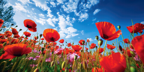 Obraz premium Amazing poppy field landscape against blue sky. Generative AI