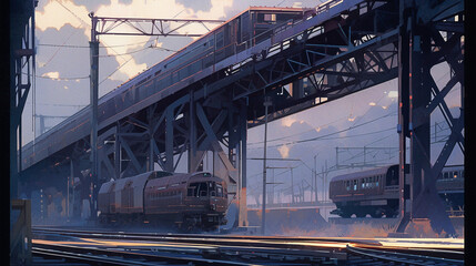 Anime background of railway bridge, generative AI
