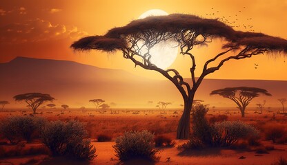 Fototapeta na wymiar Digital Art of African Savannah with Sunrise or Sunset. Generative AI.