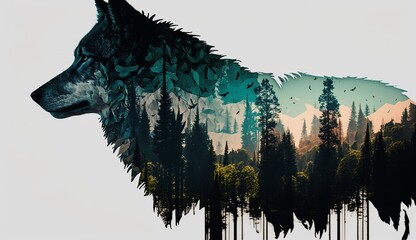 Double Exposure Image of a Wolf and Forest. Generative AI.