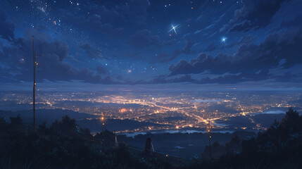 Anime background of glowing city panorama at night, generative AI