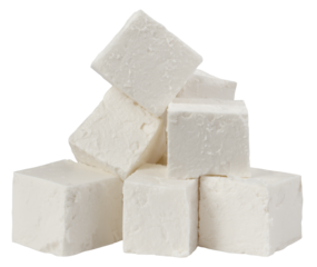 Feta, Greek cheese cubes, isolated on white background, full depth of field