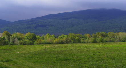 Krajobraz pięknych, zielonych gór wiosną. Świeża zieleń i niskie chmury nad górami Vihorlat w Wschodniej Słowacji.