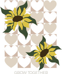 Abstract retro background with sunflowers and hearts in vintage 70s style. Vector illustration of flower poster with text message.