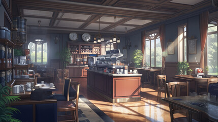 Fototapeta na wymiar Anime background of interior of a restaurant, generative AI