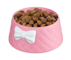 Dry pet food in the form of heart pads in a beautiful pink pet bowl decorated with a bow, isolated on a white background.