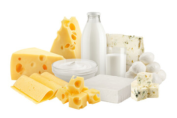 Dairy products, Milk, sour cream, cheese, mozzarella, yogurt, isolated on white background, full...