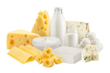Dairy products, Milk, sour cream, cheese, mozzarella, yogurt, isolated on white background, full depth of field