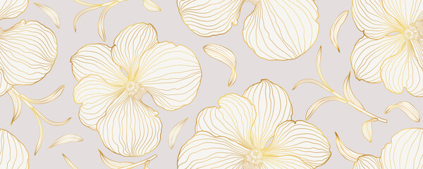 Luxury orchid seamless pattern background. Golden orchid floral line art design. Tropical flower. Hand drawn. Suit for wallpaper, wedding, invitation, fabric, card, cover, prints. Vector illustration © MooJook