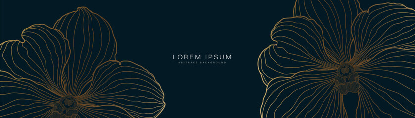 Luxury abstract gold orchid floral on dark blue background. Golden orchid line art design. Vintage style. Suit for cover, header, poster, banner, brochure, wallpaper, website. Vector illustration © MooJook
